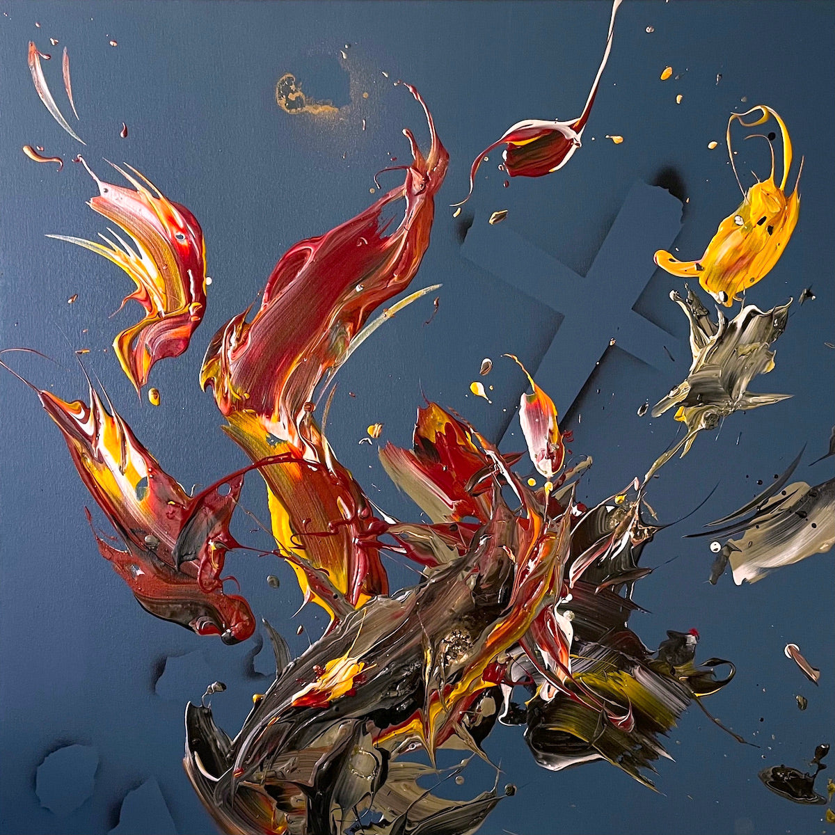 Michael Carini's "The Breath After Last" is the very first painting from his "Open Wounds" collection. This painting contains the ashes of a painting sacrificed by fire and tells the story of a phoenix rising from the ashes. This trending artist has some of the hottest contemporary abstract art on the market.