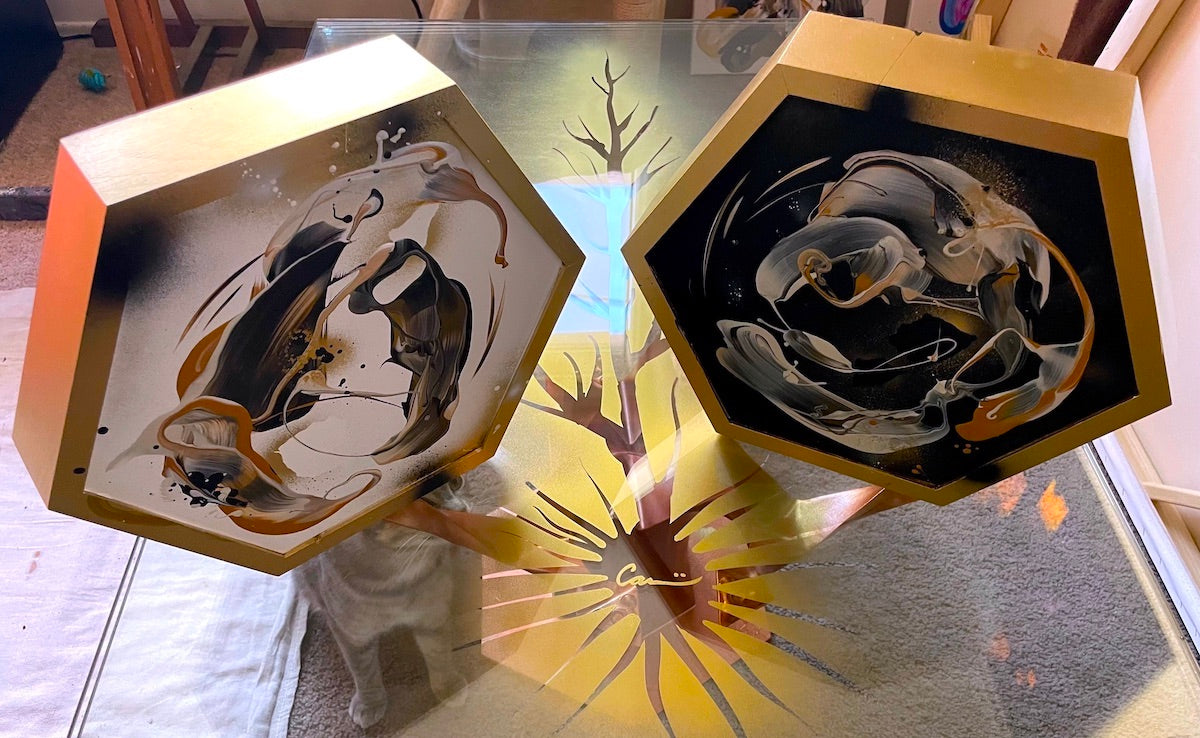 beautiful abstract hexagon art for your wall, shelf, or coffee table from Michael Carini of Carini Arts.