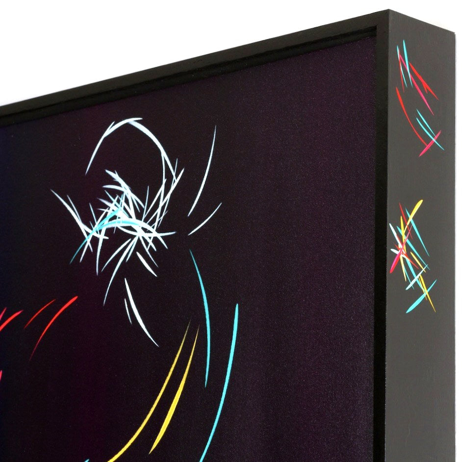 Close-up of a custom embellished black picture frame with colorful painted strokes, built by San Diego artist Michael Carini