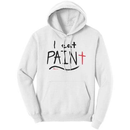 White hoodie with black and red front print that says I eat Paint