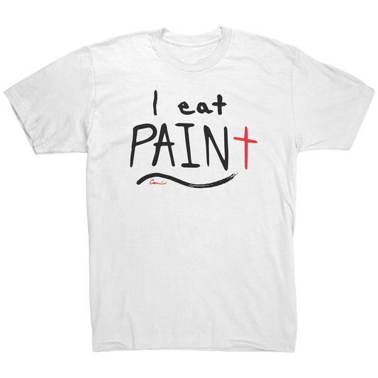 A white t-shirt with black and red print  that says "I eat PAINT" in a brushstoke lettering style.
