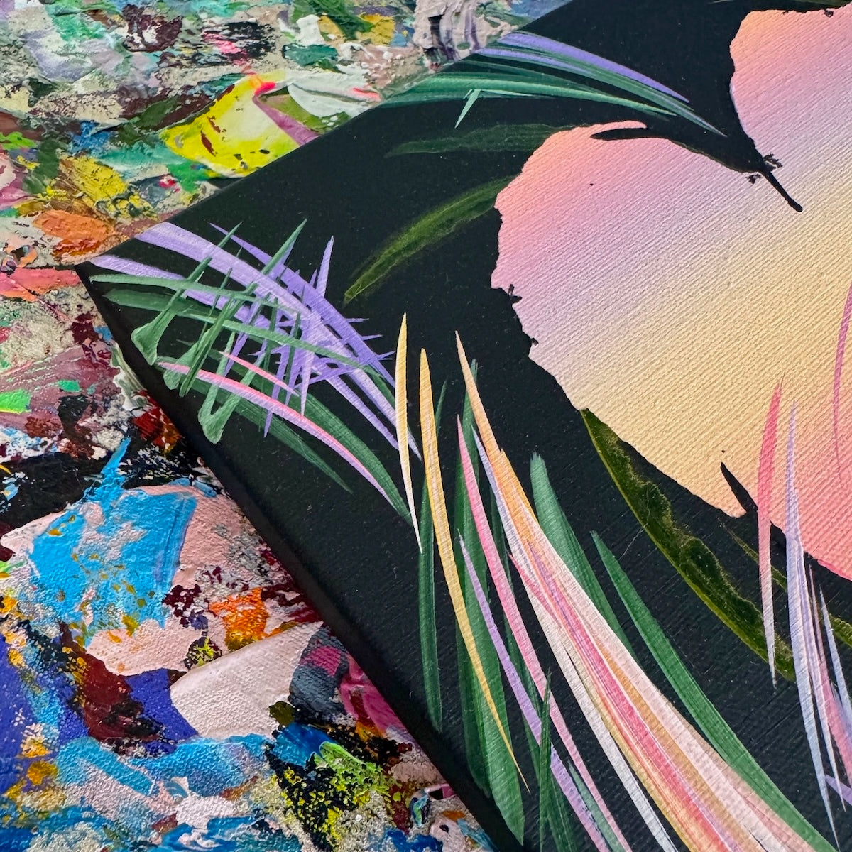 Colorful abstract painting with a textured background. Michael Carini heart art and decor sharing story of phoenix rising from the darkness. Contemporary abstract art and acrylic paintings in Coronado, CA.