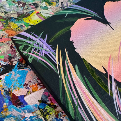 Colorful abstract painting with a textured background. Michael Carini heart art and decor sharing story of phoenix rising from the darkness. Contemporary abstract art and acrylic paintings in Coronado, CA.