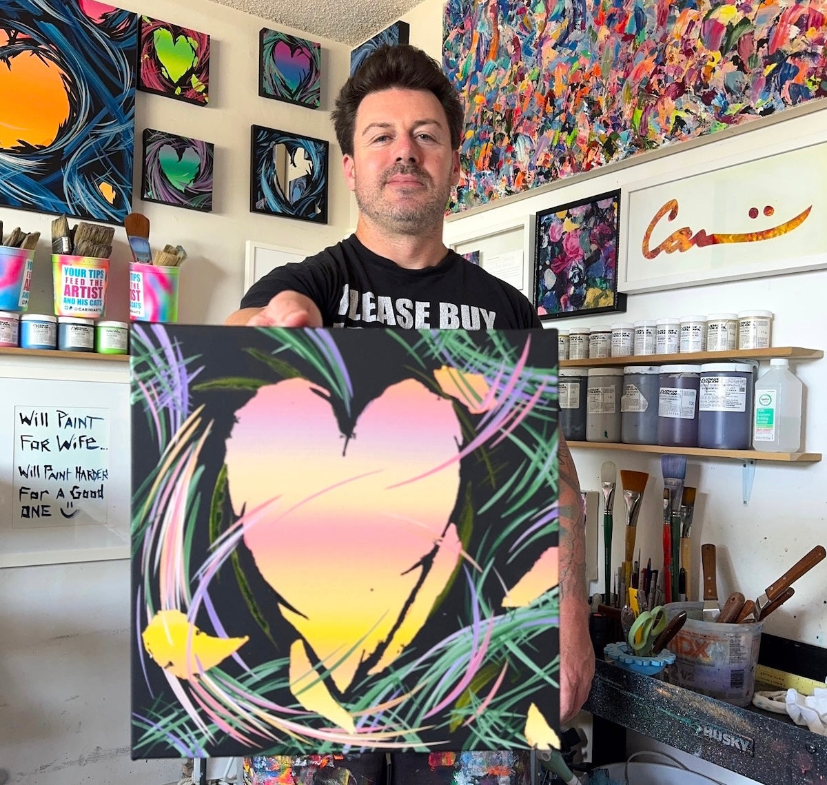 Michael Carini heart art and decor sharing story of phoenix rising from the darkness. Contemporary abstract art and acrylic paintings in Palm Springs, CA.