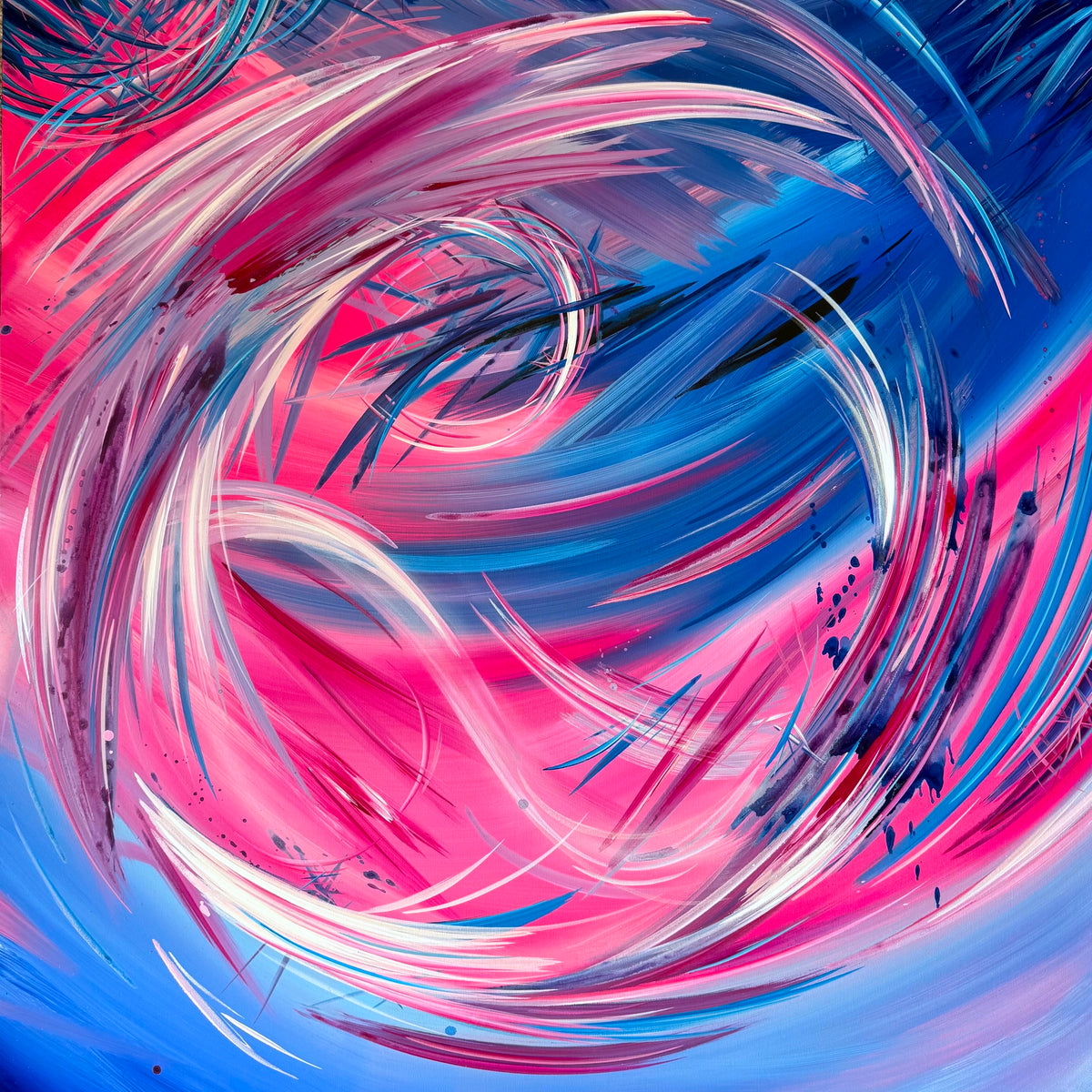 Private commission abstract painting by San Diego artist Michael Carini - colorful pink and blue swirl