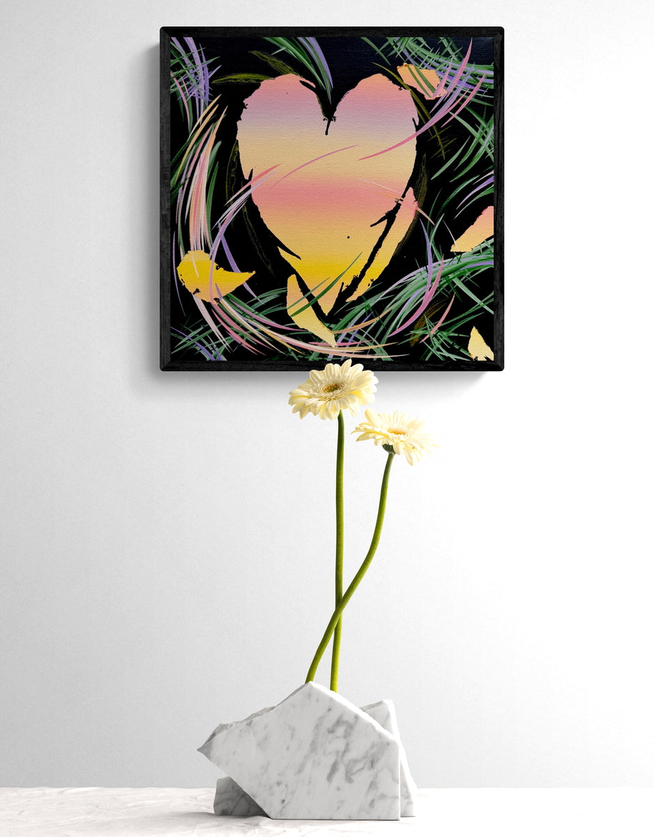 Michael Carini heart art and decor sharing story of phoenix rising from the darkness. Contemporary abstract art and acrylic paintings in Beverly Hills.