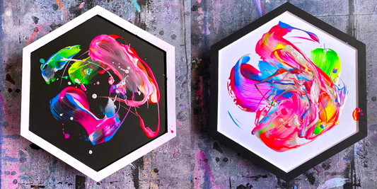 trippy blacklight hexagon paintings by expressive artist Michael Carini
