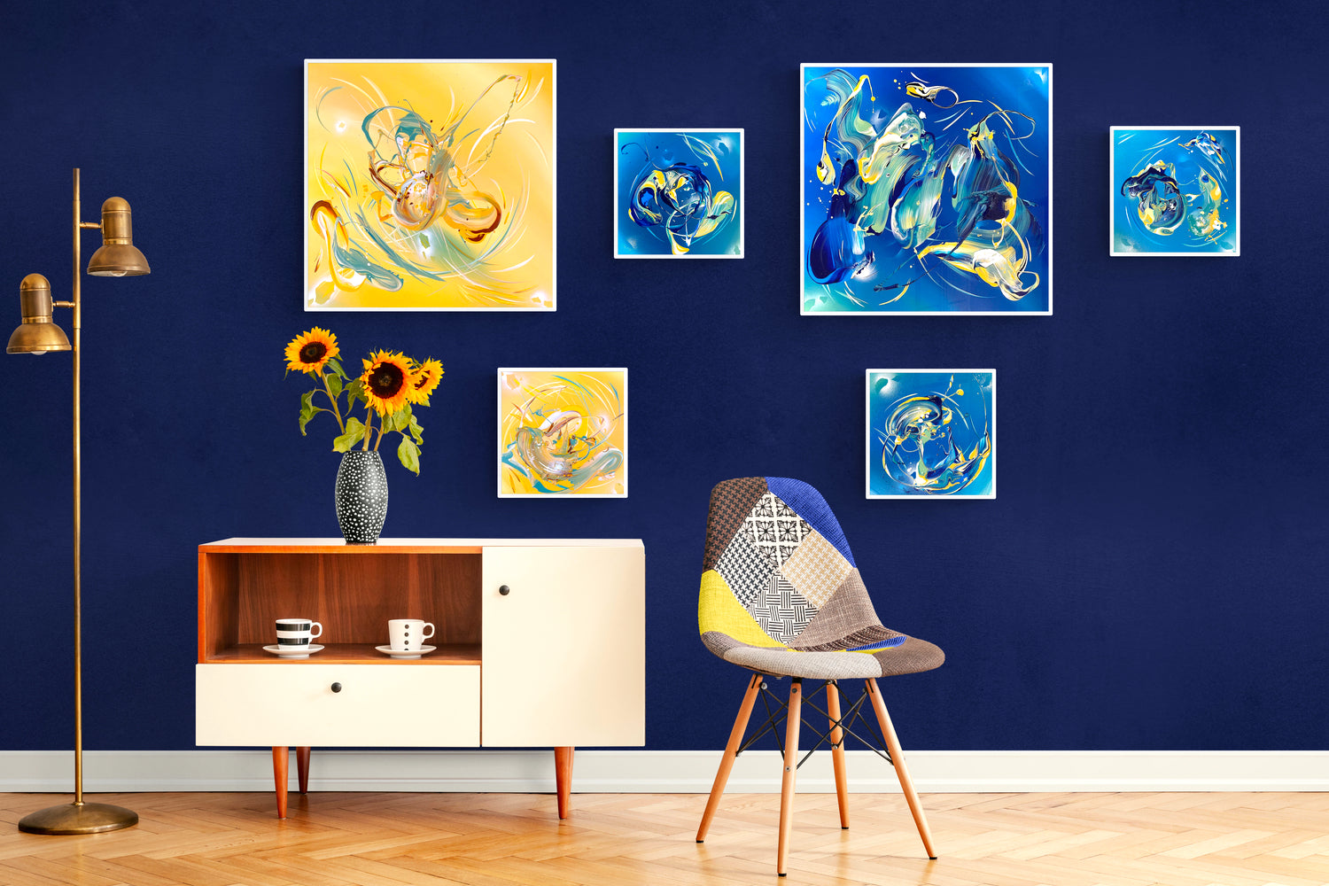 expressive abstract artist Michael Carini interprets Van Gogh's "The Starry Night" and his sunflowers  in his own signature style